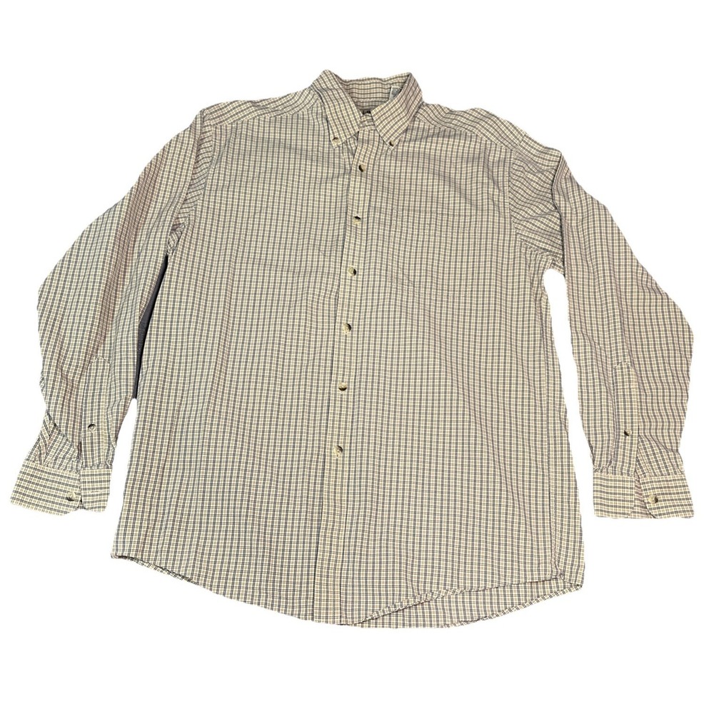 LL Bean Shirt Mens Medium Regular Plaid White, Tan and Blue Wrinkle Resistant